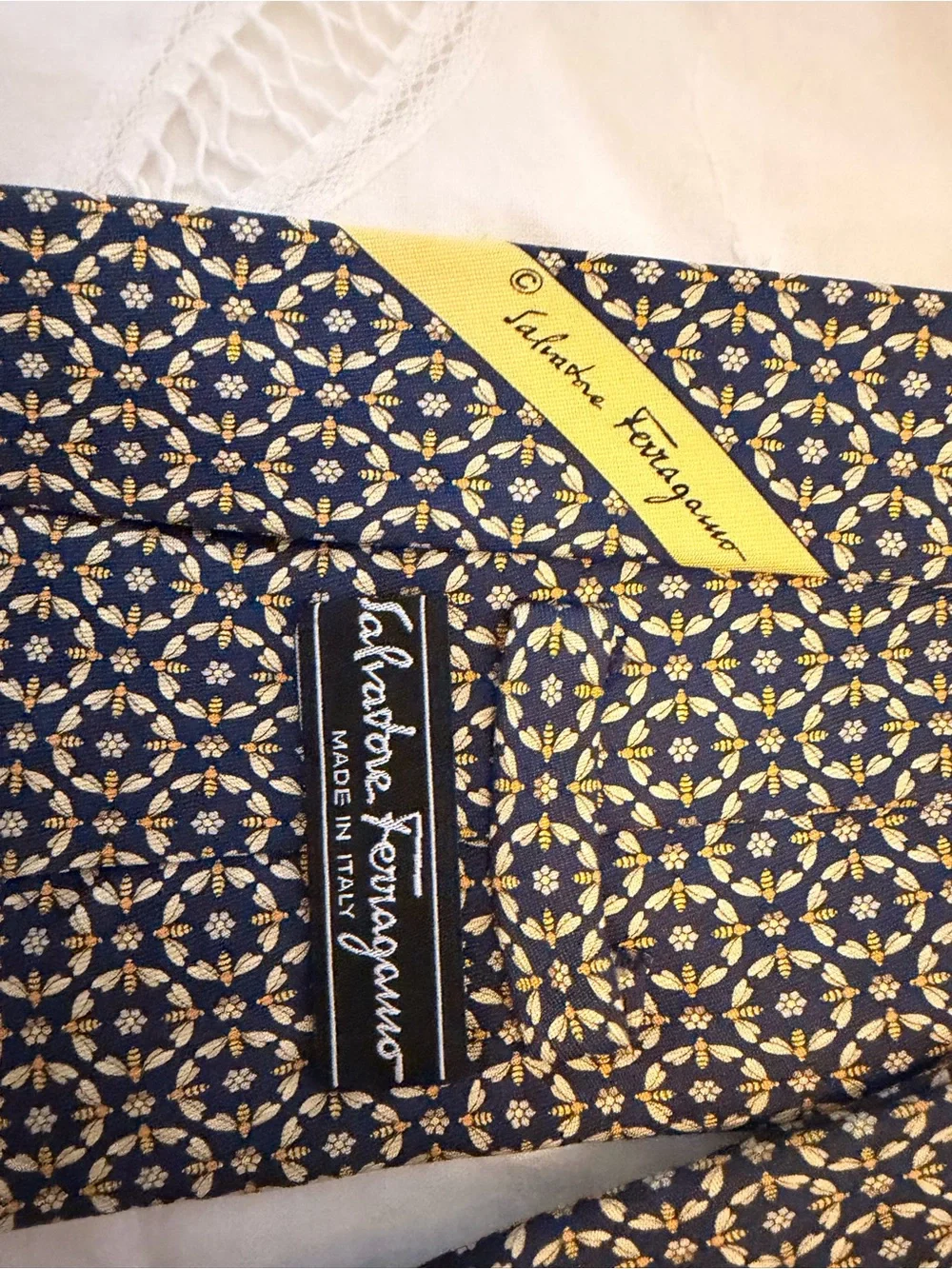 Salvatore Ferragamo Navy and Yellow Geometric Silk Tie